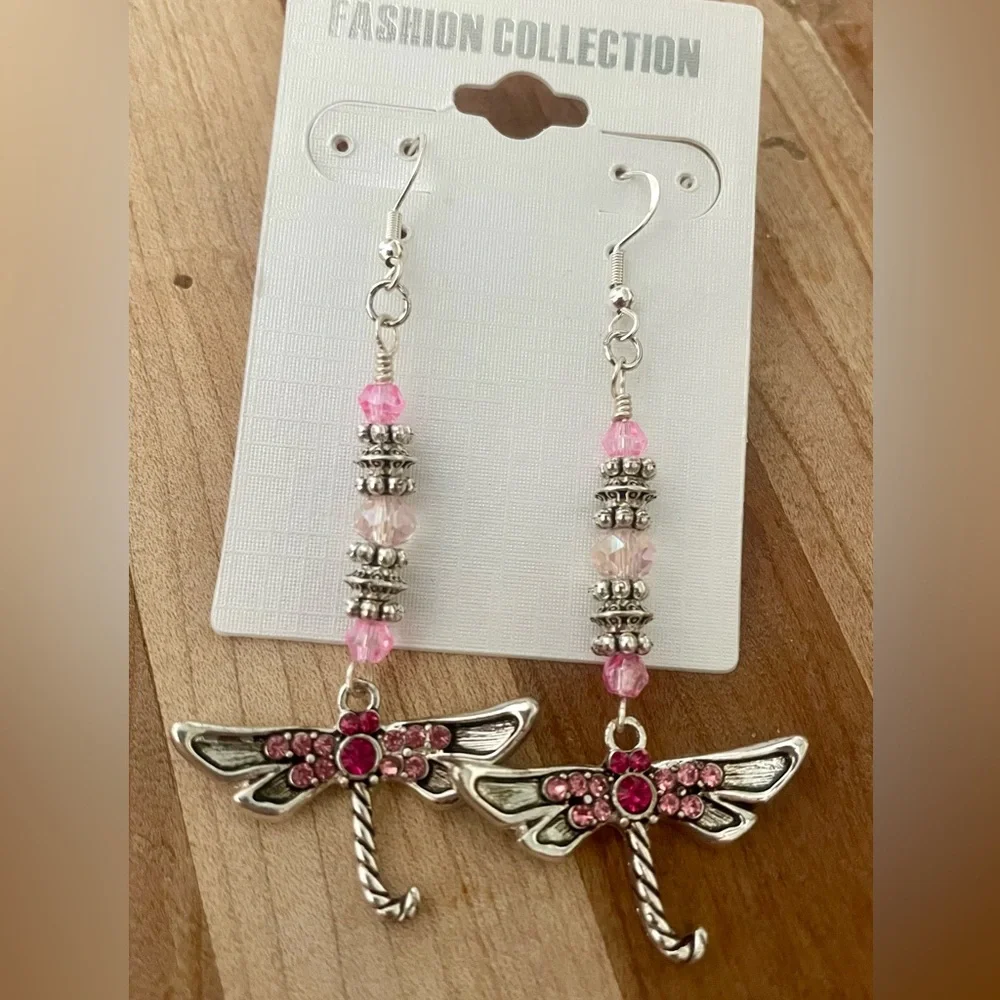 Pink and Silver Dragonfly Earrings - Picture 5 of 5